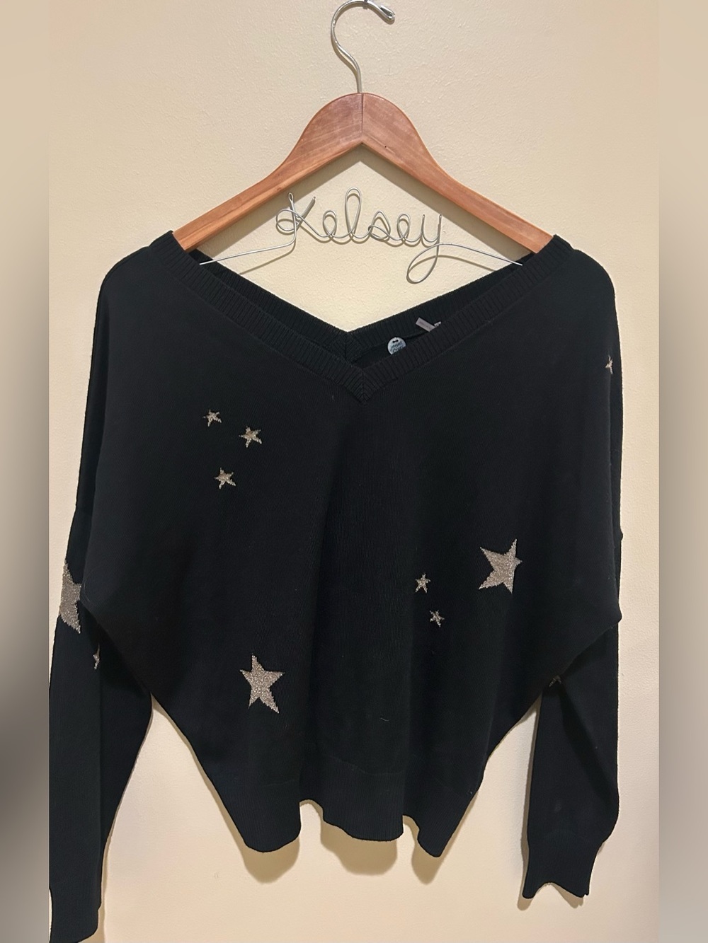 Margaret O’Leary Black & Gold Stars V-Neck Sweater Merino Wool Size S Like New